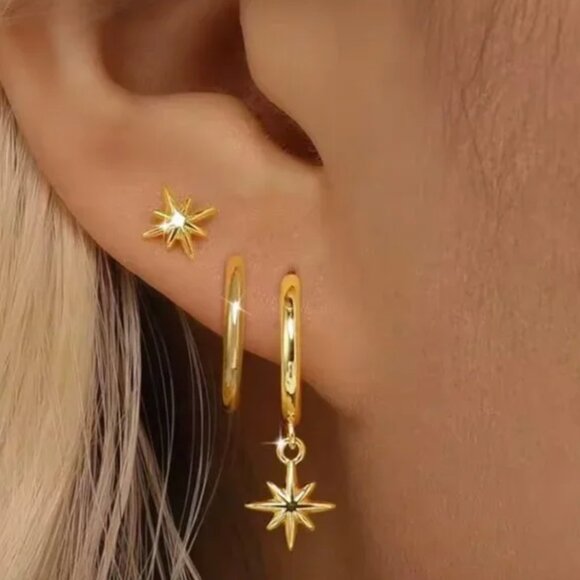 14K Gold Filled Trio Sun Star Earring Set - Picture 2 of 3